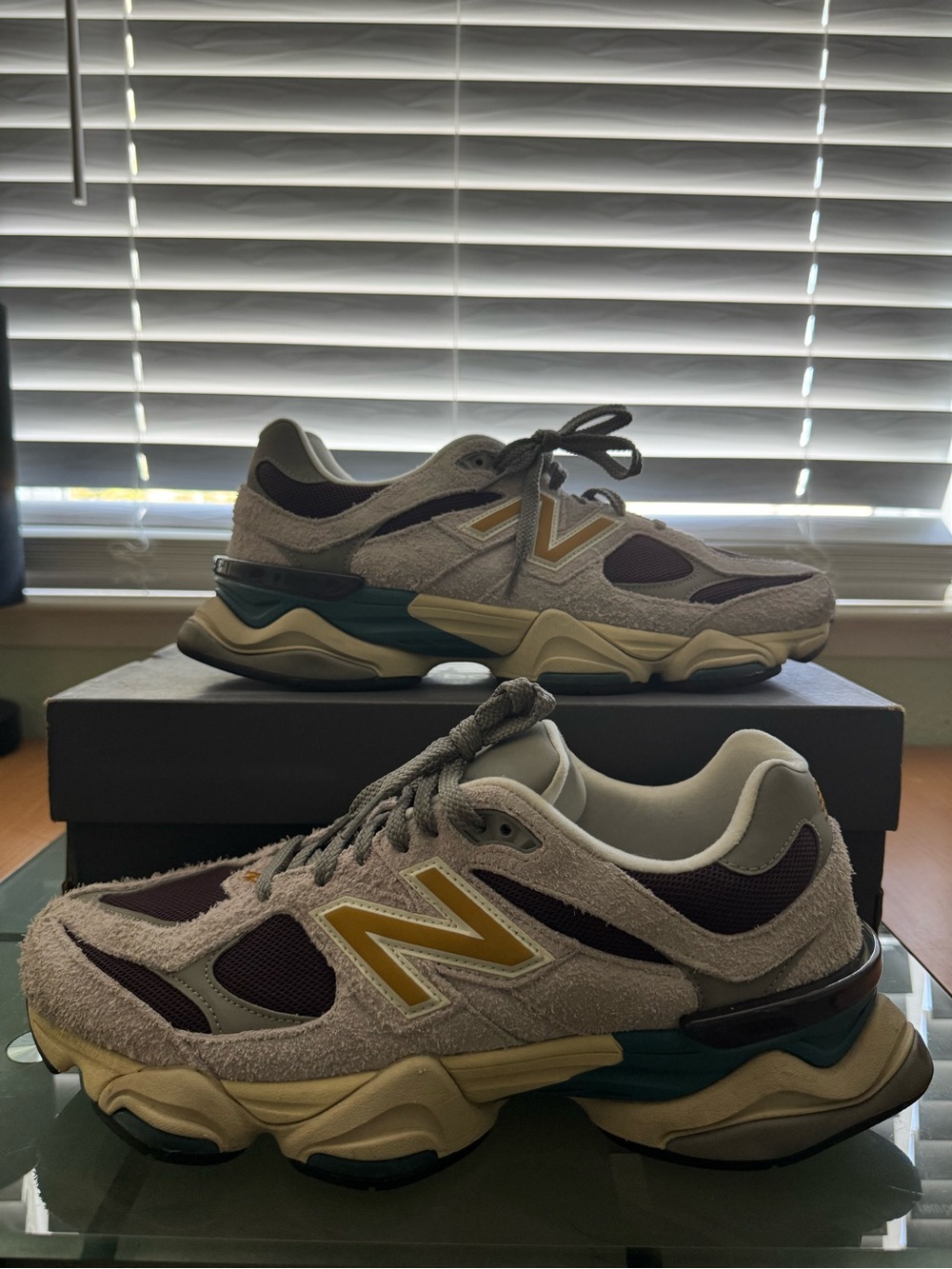 New Balance beige, burgundy & yellow retro runner sneakers